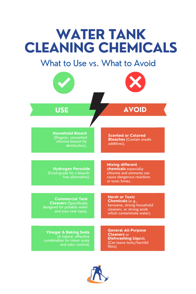 Infographic showing the best safe chemicals for water tank cleaning and disinfection and unsafe chemicals to avoid
