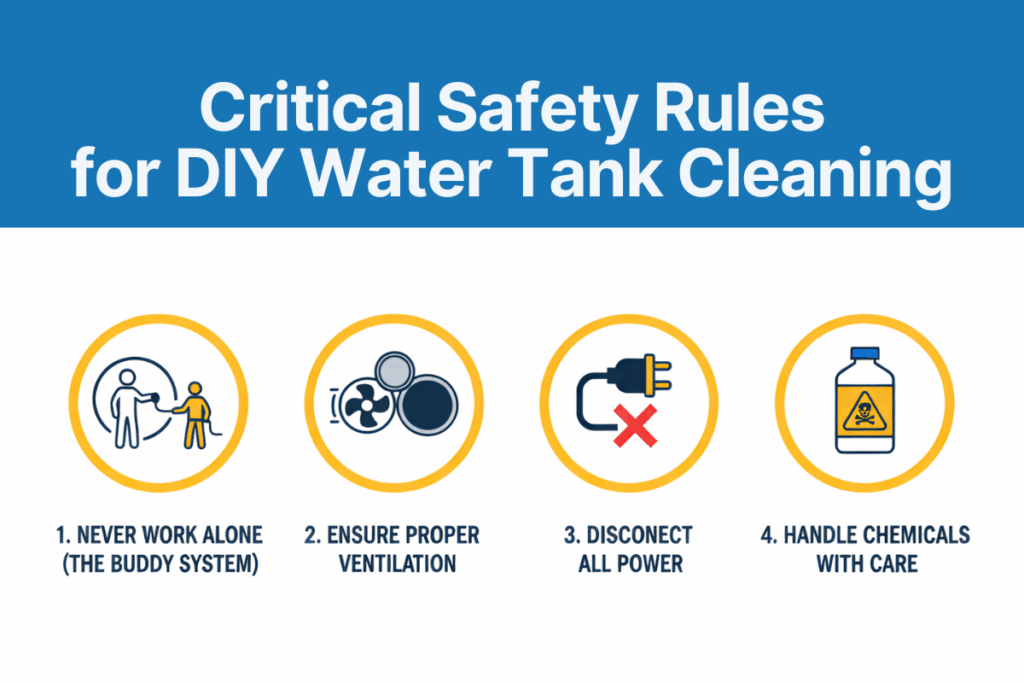 Infographic showing the four critical safety warnings for DIY water tank cleaning