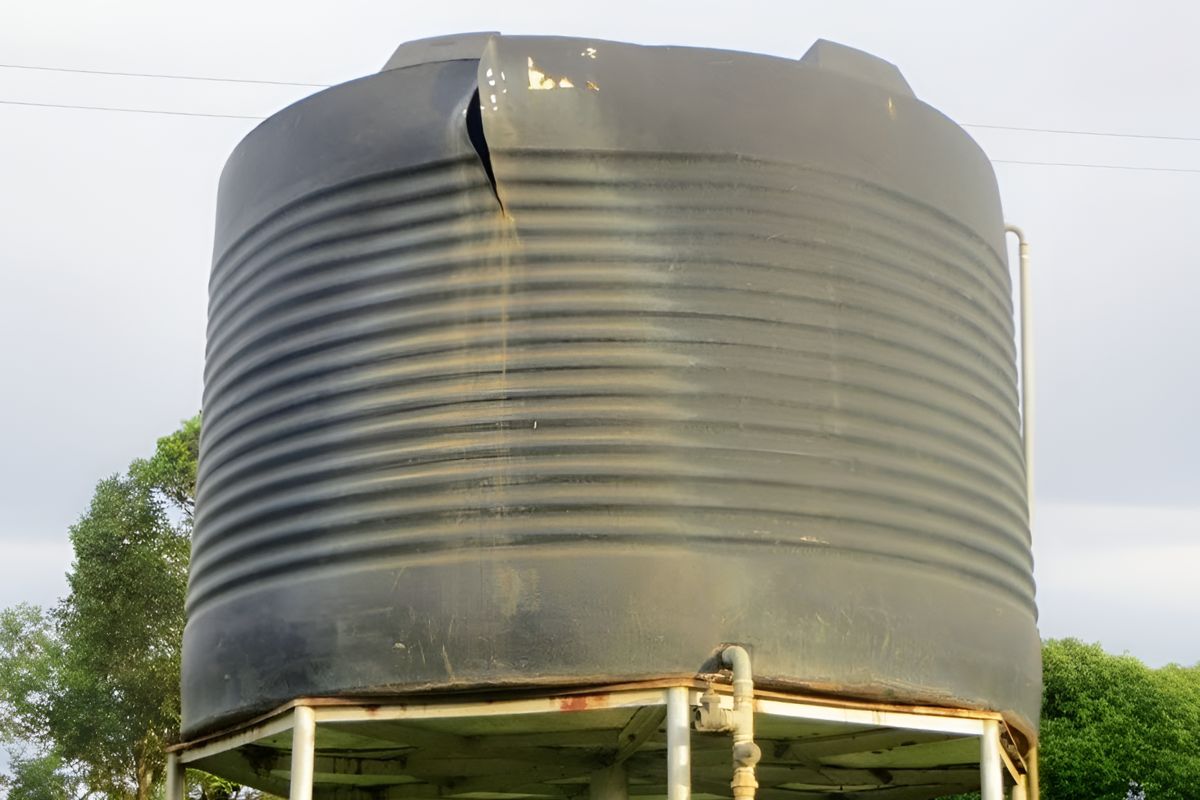 An old, UV-damaged water tank with a large vertical crack and bulging walls, a clear sign it needs replacement.