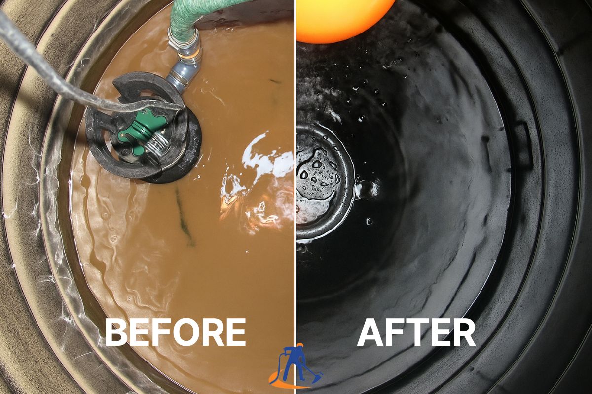 A before-and-after photo of a professional water tank cleaning, showing a dirty tank now sterile.