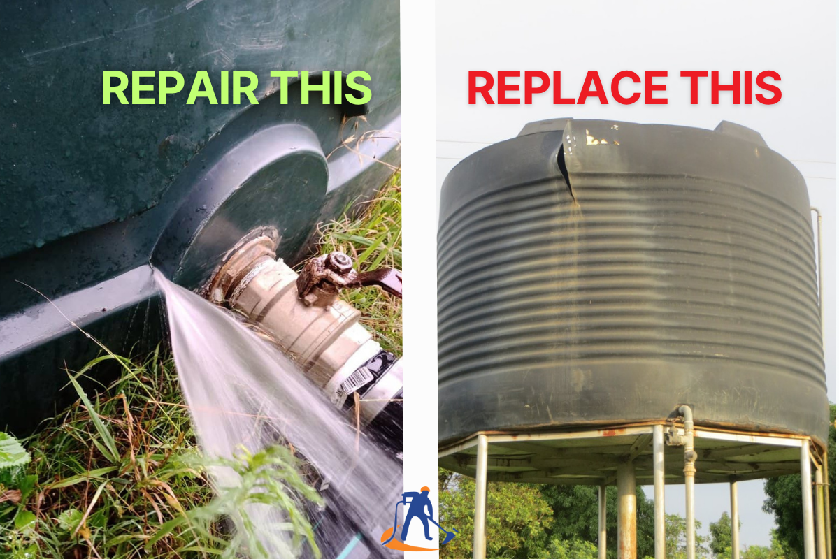 Side-by-side image illustrating the choice between repairing a minor leak at a water tank pipe fitting and replacing a water tank with a large vertical crack.