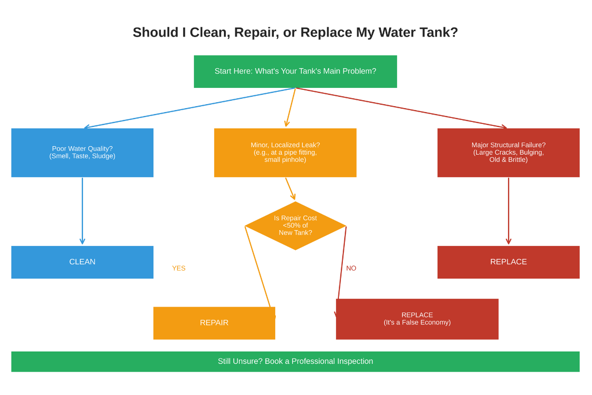A flowchart diagram guiding users through the decision to clean, repair, or replace a water tank based on common problems like poor water quality, minor leaks, or major structural failure.