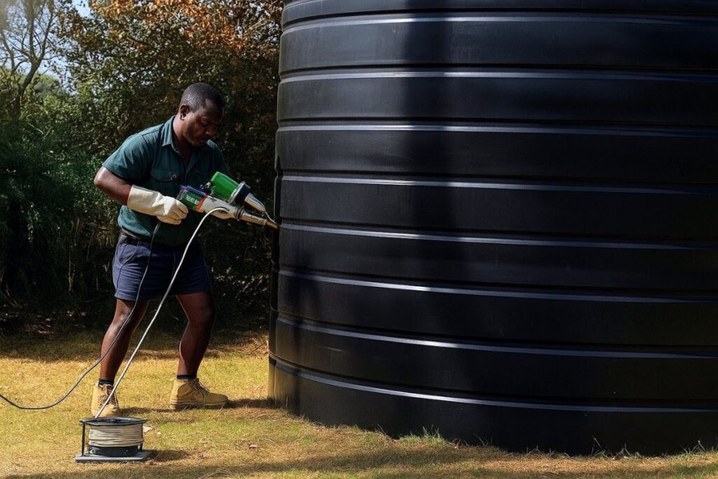 A technician performing professional plastic welding to repair a crack on a water tank.