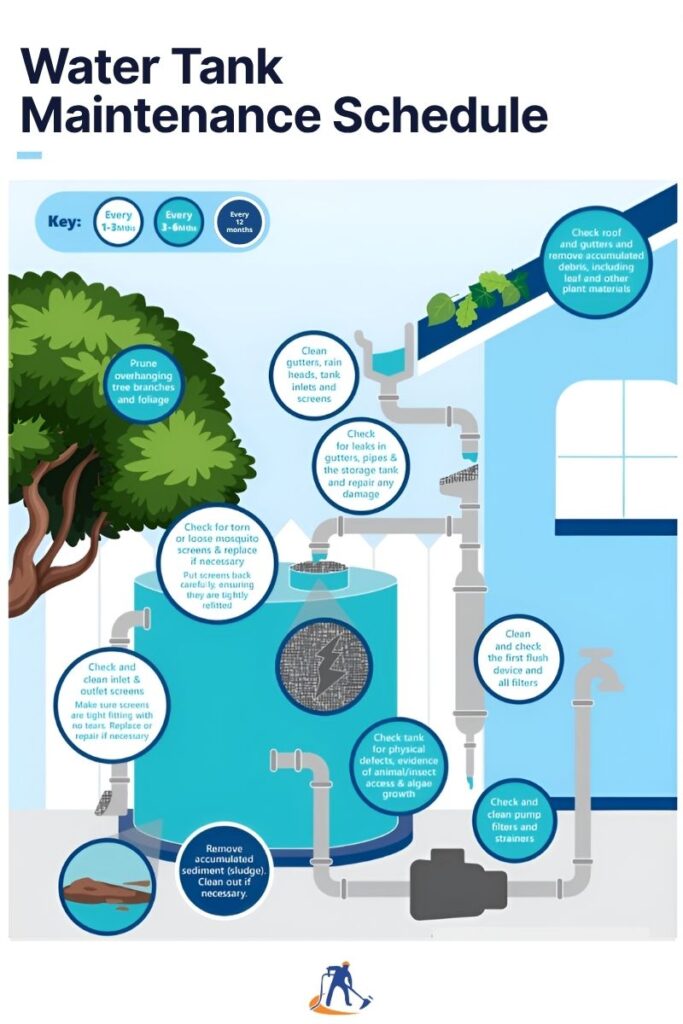 Infographic showing a water tank maintenance schedule and checklist with key steps and frequencies.